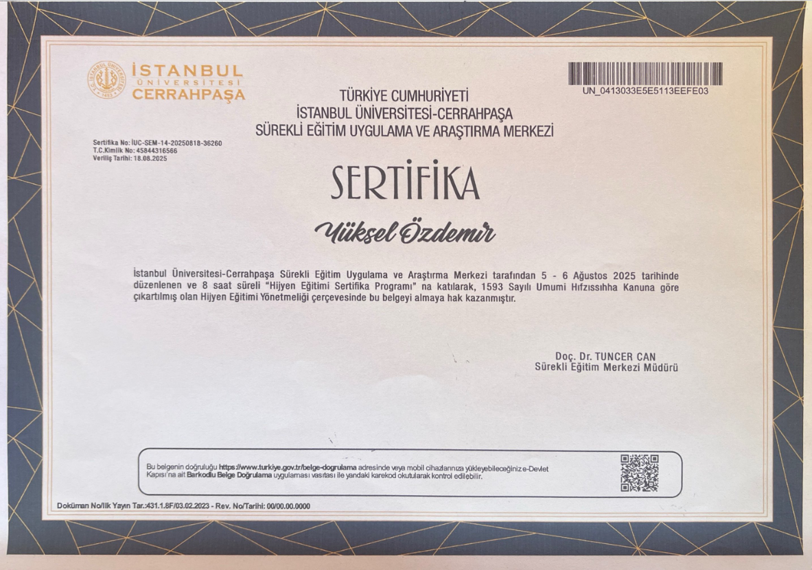 Hijyen Eğitimi Sertifikası